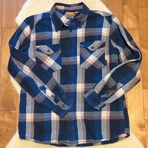 Merrell Navy Blue and Tan Plaid flannel Long-Sleeve Button-Down Shirt